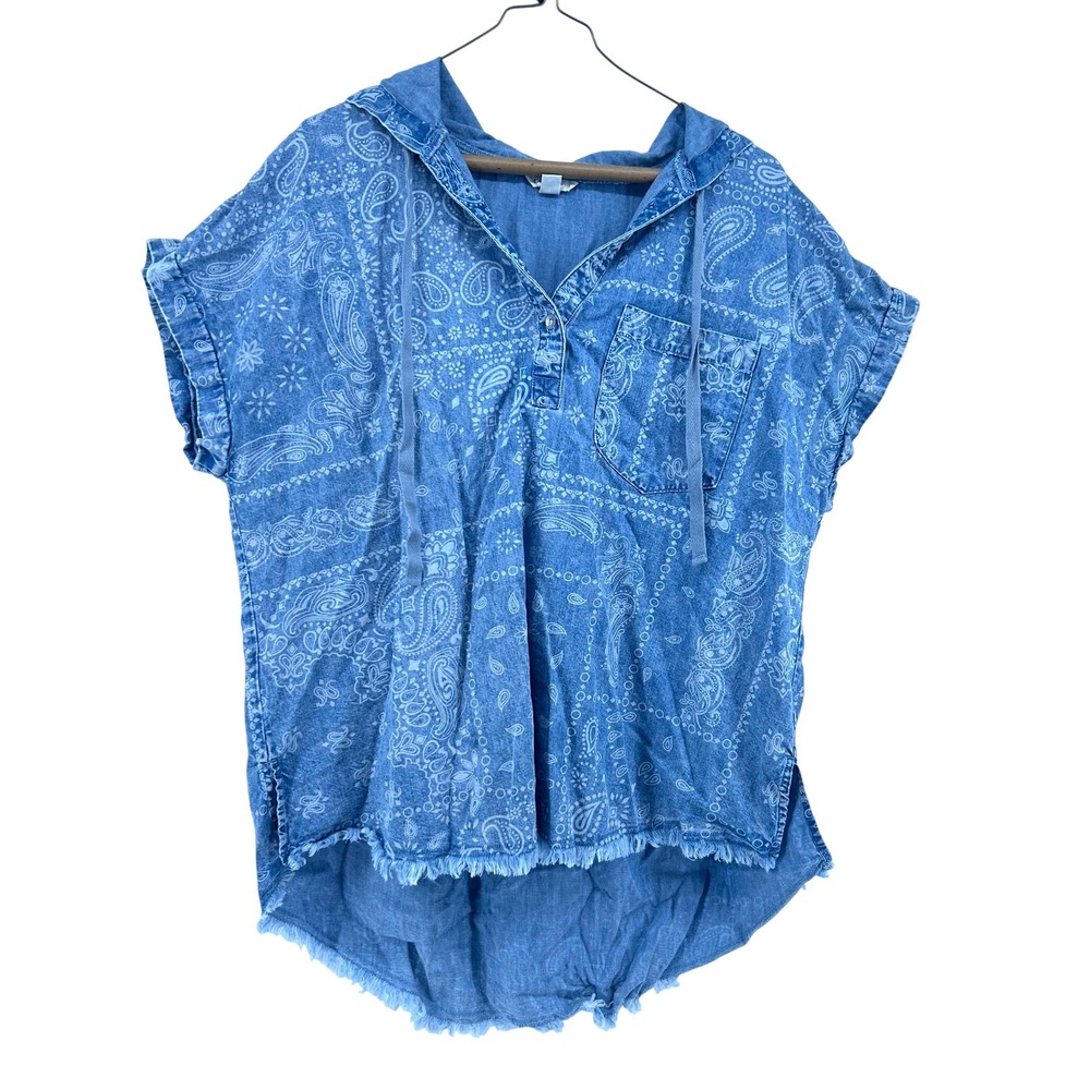 Cato Womens Large Blue Paisley Bandana Print Hooded Short Sleeve Chambray Top